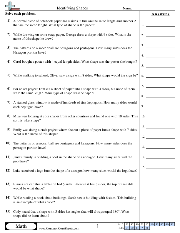Word Problems (3 - 10 sides) worksheet